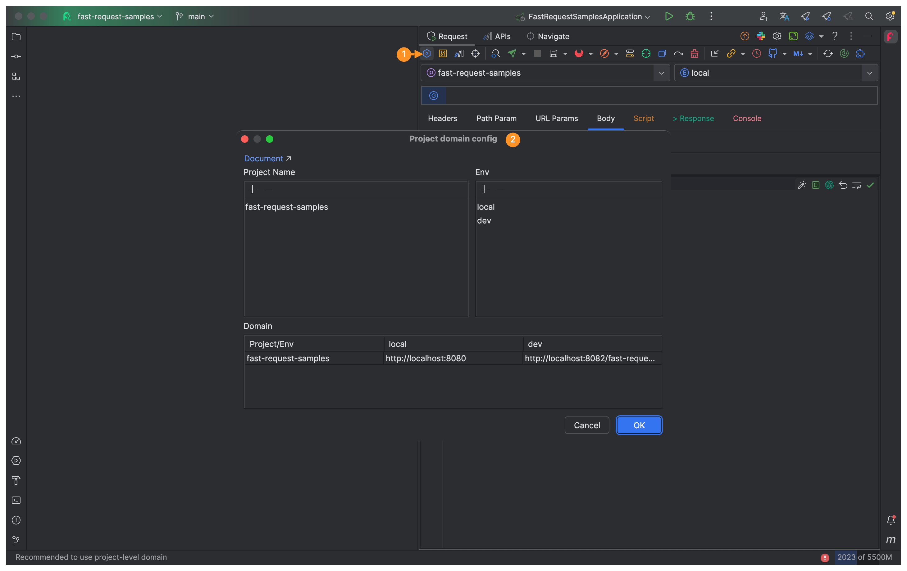 Domain list projectLevelDomainDialog